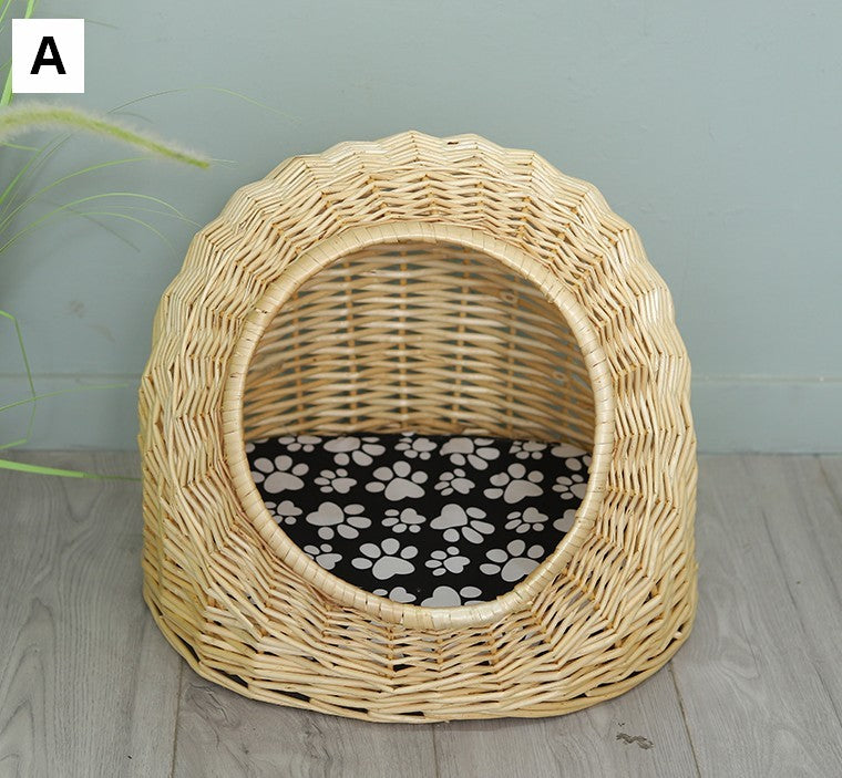 Natural Wicker Cat House Basket with Washable Cushion for Indoor Cats and Dogs, Rattan Cat Bed-Silvia Home Craft