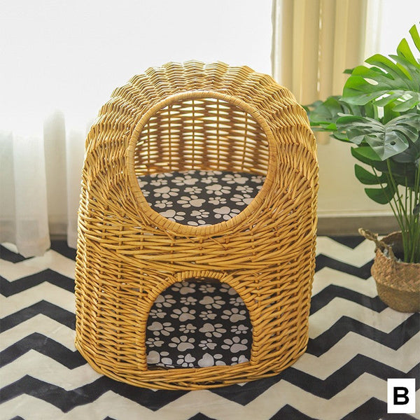Large Double-Layer Cat Bed, Wicker Cat House Basket with Washable Cushion for Indoor Cats and Dogs-Silvia Home Craft