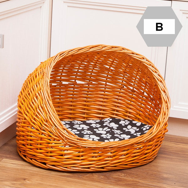 Natural Wicker Cat House Basket with Washable Cushion for Indoor Cats and Dogs, Hand woven Rattan Cat Bed-Silvia Home Craft