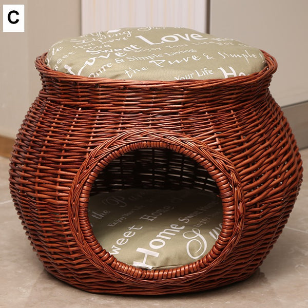 Rattan Cat Bed, Wicker Cat House Basket with Washable Cushion for Indoor Cats and Dogs-Silvia Home Craft