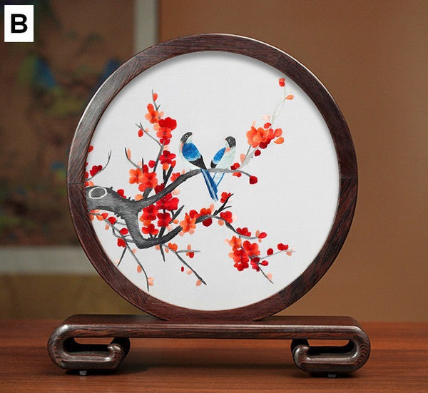 Flower and Bird Embroidery Ornaments, Unique Birthday Gift, Traditional Chinese Suzhou Silk Embroidered Ornament, Premium Souvenir, Exclusive Business Presents-Silvia Home Craft