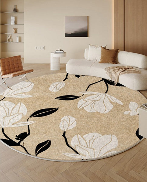 Modern Round Rugs under Coffee Table, Circular Rugs for Dining Table, Abstract Contemporary Rugs for Bedroom, Modern Cream Color Rugs for Living Room-Silvia Home Craft