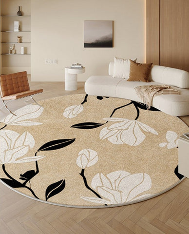 Modern Round Rugs under Coffee Table, Circular Rugs for Dining Table, Abstract Contemporary Rugs for Bedroom, Modern Cream Color Rugs for Living Room-Silvia Home Craft
