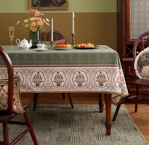 Rectangle Table Cover Ideas for Dining Table, Square Tablecloth for Round Table, Green Flower Pattern Table Cover for Kitchen, Outdoor Picnic Tablecloth-Silvia Home Craft