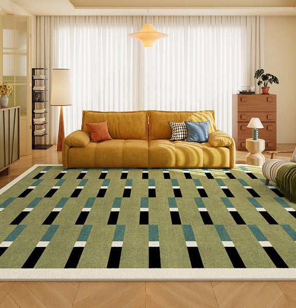 Mid Century Modern Rugs, Green Geometric Contemporary Rugs, Modern Living Room Rug Ideas, Colorful Area Rugs for Dining Room-Silvia Home Craft
