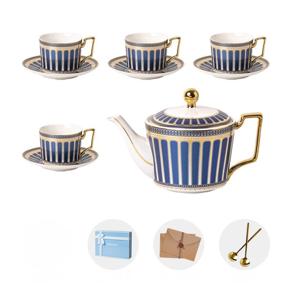 Elegant Blue Ceramic Tea Cup and Saucer Set of 4 cups with Teapot, 7.4 oz Porcelain Tea Cup and Saucer Set, British Tea Cup Set, Modern Blue Coffee Cup with Saucer-Silvia Home Craft