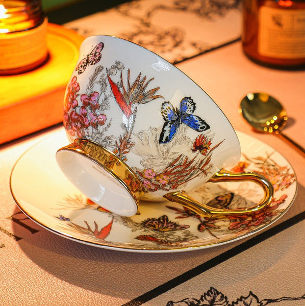 British Traditional Afternoon Tea Cup and Saucer Set, Ceramic Coffee Cups in Gift Box, Butterfly Pattern Porcelain Tea Cup and Saucer Set-Silvia Home Craft