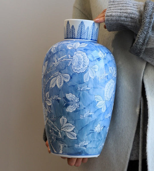 Centerpiece Ceramic Bouquet Vases, Handmade Modern Flower Vase, Large Flower Vases on Dining Table, Blue Porcelain Flower Vases-Silvia Home Craft