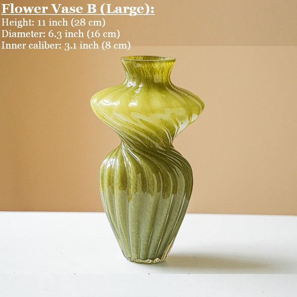 Handmade Contemporary Glass Vases, Modern Green Vases for Living Room, Mid Century Vases for Flowers, Unique Decorative Glass Vase, Centerpiece Vases on Table-Silvia Home Craft