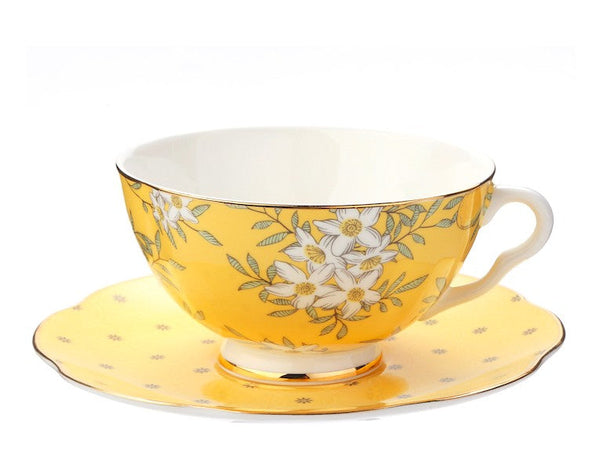 Creative Yellow Ceramic Coffee Cups, Unique Flower Coffee Cup and Saucer, Beautiful British Tea Cups, Creative Porcelain Tea Cup Set-Silvia Home Craft