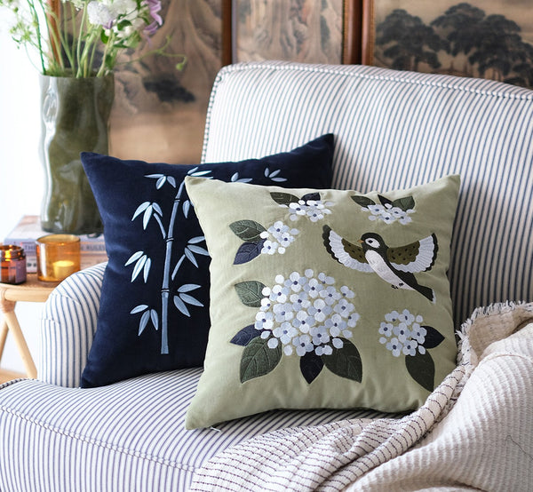 Living Room Decorative Pillows, Embroidered Swallow Birds Cushion, Large Decorative Pillows for Couch, Modern Throw Pillows for Bedroom, Decorative Pillow Arrangement Ideas for Couch-Silvia Home Craft