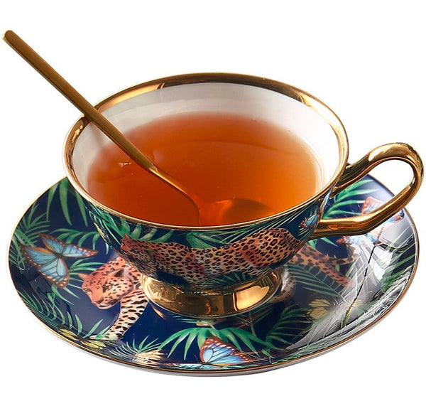 Creative Leopard Ceramic Coffee Cups, 6.8 oz Tea Cup and Saucer in Gift Box as Birthday Gift, Beautiful British Tea Cups, Creative Porcelain Tea Cup Set-Silvia Home Craft