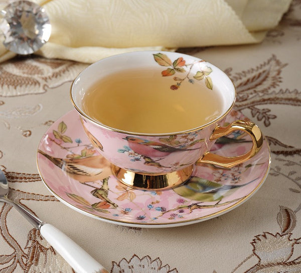 Elegant Ceramic Coffee Cups, 7.4 oz British Tea Cups, Bird Porcelain Tea Cup Saucer Set, Tea Cup and Saucer in Gift Box as Birthday Gift-Silvia Home Craft