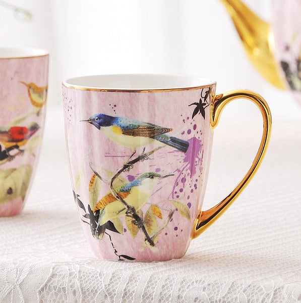 Elegant Pink Ceramic Coffee Mug, Beautiful Bird Flower Ceramic Mug, Large Creative Porcelain Mug, Large Capacity Ceramic Mugs for Office-Silvia Home Craft