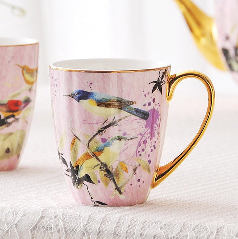 Elegant Pink Ceramic Coffee Mug, Beautiful Bird Flower Ceramic Mug, Large Creative Bone China Porcelain Mug, Large Capacity Ceramic Mugs for Office-Silvia Home Craft