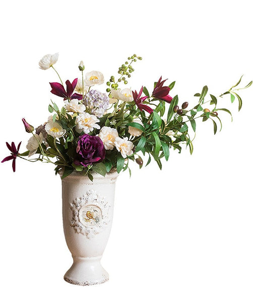Clematis, Olive Branch, Sweet Alyssum, Corn poppy, Cranberry, Iceberg Rose Flowers, Unique Flower Arrangement for Home Decoration, Beautiful Artificial Flowers for Living Room-Silvia Home Craft