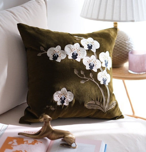 Large Decorative Pillows for Couch, Dark Olive Green Embroidered Moth Orchid Cushion, Decorative Pillow Arrangement Ideas for Couch, Living Room Decorative Pillows, Modern Throw Pillows for Bedroom-Silvia Home Craft