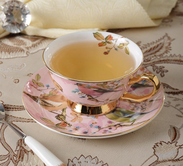 Elegant Ceramic Coffee Cups, Beautiful British Tea Cups, Bird Bone China Porcelain Tea Cup Set, Tea Cups and Saucers in Gift Box as Birthday Gift-Silvia Home Craft