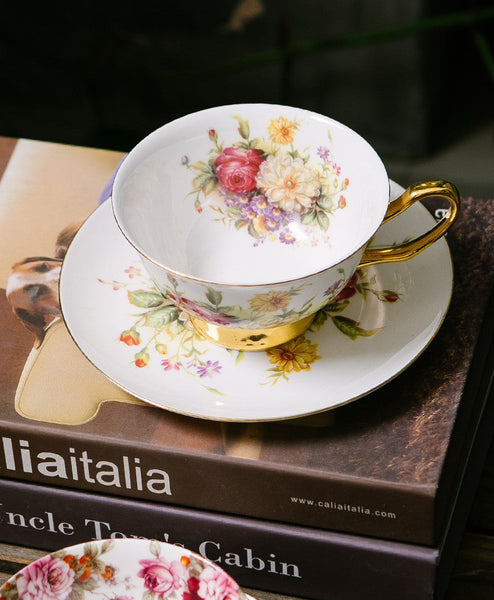 Elegant Rose Flower Ceramic Cups, Unique Royal Coffee Cup and Saucer, Creative Porcelain Tea Cup Saucer Set, Beautiful British Tea Cups-Silvia Home Craft