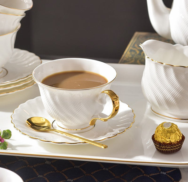 White Porcelain Tea Cup Saucer Set, 8 oz British Tea Cup and Saucer in Gift Box, Unique British Ceramic Coffee Cups for Traditional Afternoon Tea-Silvia Home Craft