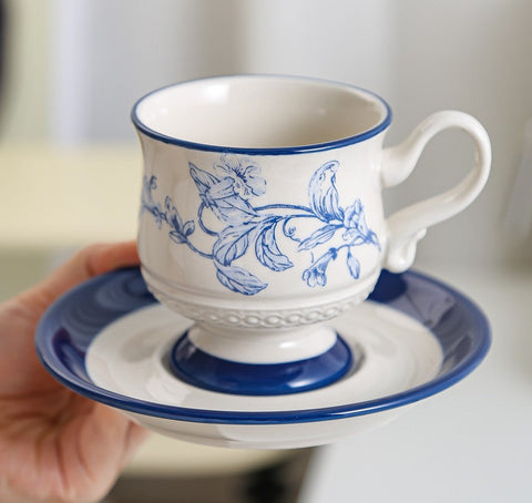 Creative Blue Coffee Cup and Saucer, Elegant Ceramic Cups for Afternoon Tea, Creative Porcelain Tea Cup Set, Beautiful British Tea Cups-Silvia Home Craft