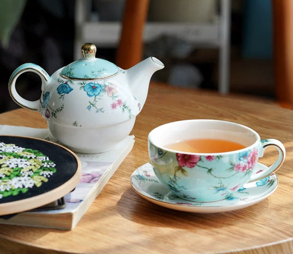 Porcelain Teapot with Matching Cup and Saucer in Gift Box, Stackable Teapot and Cup Set, Ceramic Tea Pot with Integrated Cup, Mother and Baby Teapot with Matching Saucer-Silvia Home Craft