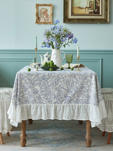 Cotton Rectangle Tablecloth for Dining Room Table, Natural Spring Farmhouse Table Cloth, Blue Flower Pattern Cotton Tablecloth, Square Tablecloth for Round Table-Silvia Home Craft