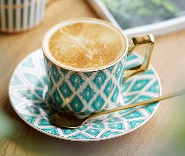 Afternoon Green British Tea Cups, Unique Ceramic Coffee Cups, Creative Bone China Porcelain Tea Cup Set, Traditional English Tea Cups and Saucers-Silvia Home Craft