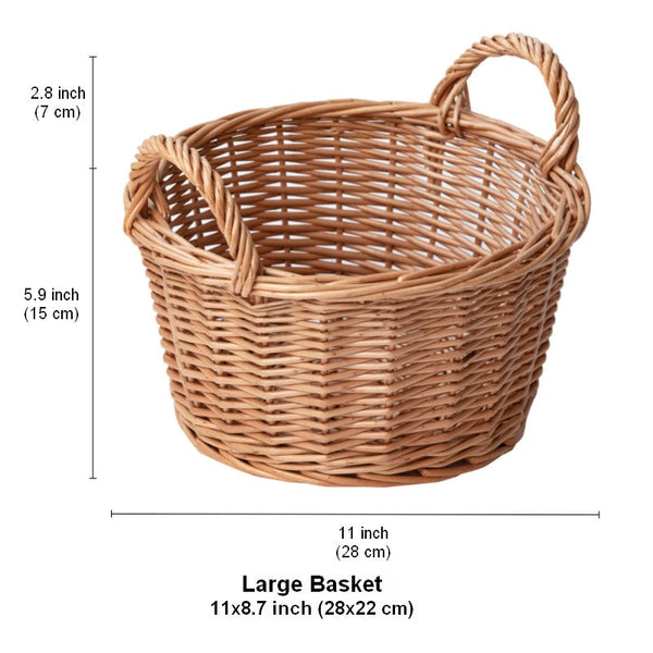 Large Picnic Fruit Basket with Handle, Natural Hand-woven Wicker Round Storage Basket, Lovely Willow Weaving Baskets for Vegetable, Natural Fruit Storage Basket, Kitchen Storage Baskets-Silvia Home Craft