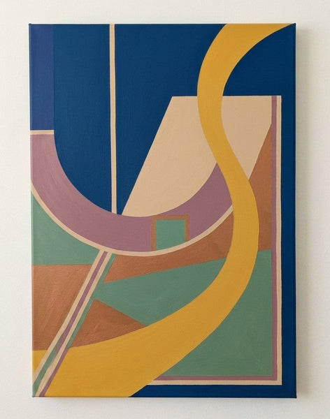 Prussian Blue, Ginger Yellow, Sage Green Colors, Geometric Pattern Abtract Art, Original Modern Canvas Paintings