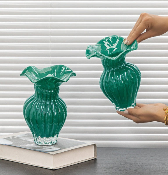 Contemporary Vases for Modern Home Decor, Unique Handmade Liuli Vases, Color Glaze Vase, Green Glass Bud Vases, Centerpiece Vases on Table-Silvia Home Craft