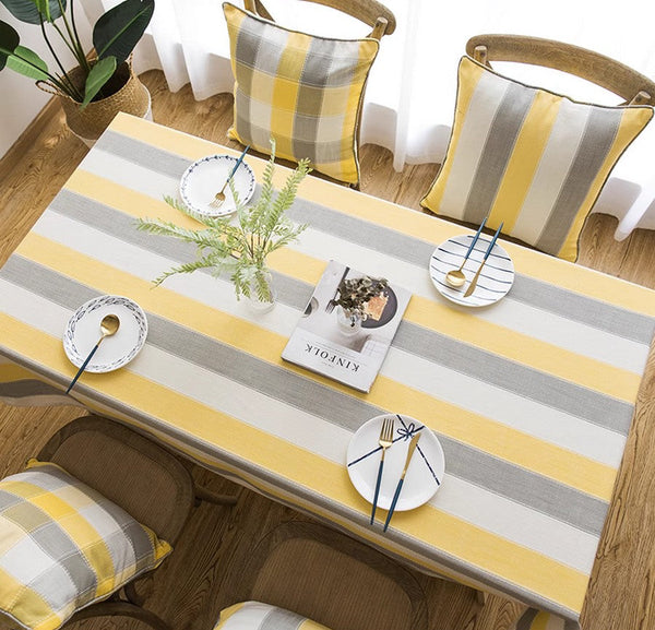Kitchen Rectangular Table Covers, Yellow Stripe Cotton and Linen Tablecloths, Rectangular Tablecloth for Oval Table, Modern Table Cloths for Dining Room-Silvia Home Craft