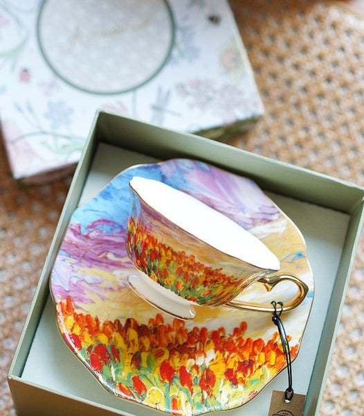 Elegant Ceramic Coffee Cups, Flower Field Vintage Porcelain Tea Cup Saucer Set, Unique British Tea Cup and Saucer in Gift Box, Royal Ceramic Cups-Silvia Home Craft