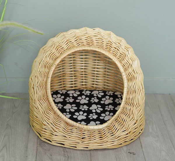 Natural Wicker Cat House Basket with Washable Cushion for Indoor Cats and Dogs, Rattan Cat Bed-Silvia Home Craft