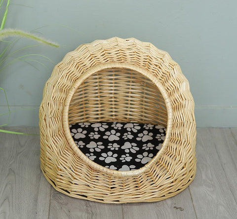 Natural Wicker Cat House Basket with Washable Cushion for Indoor Cats and Dogs, Rattan Cat Bed-Silvia Home Craft