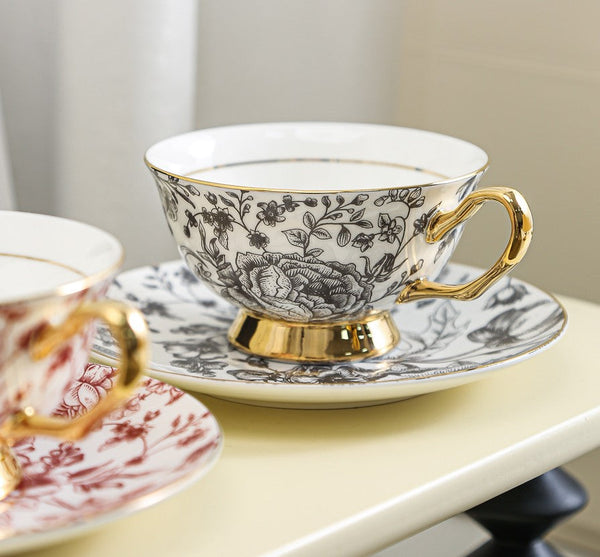 Elegant Flower Ceramic Cups, Unique Royal Coffee Cup and Saucer, Creative Bone China Porcelain Tea Cup Set, Beautiful British Tea Cups-Silvia Home Craft