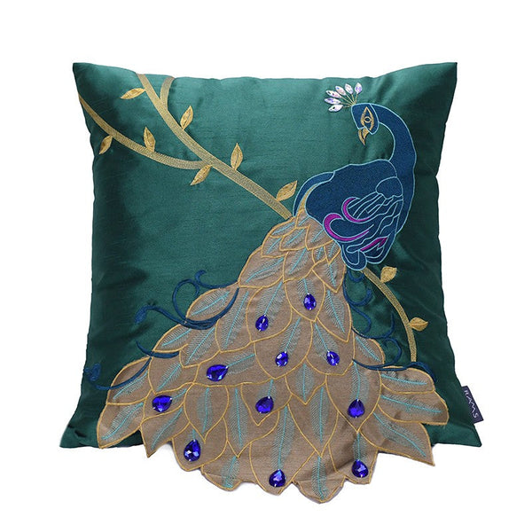 Decorative Sofa Pillows, Decorative Pillows for Couch, Beautiful Decorative Throw Pillows, Green Embroider Peacock Cotton and linen Pillow Cover-Silvia Home Craft