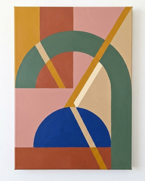 Sage Green, Dusty Pink, Klein Blue Colors, Geometric Pattern Abtract Art for Mid Century Modern Living Room, Original Canvas Paintings
