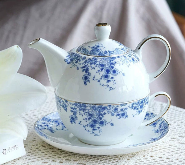 Mother and Baby Teapot with Matching Saucer British Style Porcelain Teapot with Matching Cup and Saucer in Gift Box, Ceramic Tea Pot with Integrated Cup, Stackable Teapot and Cup Set-Silvia Home Craft