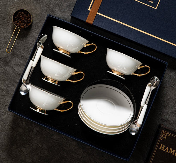White Ceramic Cups, Elegant British Ceramic Coffee Cups, 7.8 oz Porcelain Tea Cup Saucer Set, Unique Tea Cup and Saucer in Gift Box-Silvia Home Craft