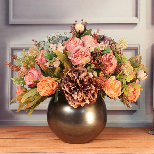 Large Bunch of Autumn Flowers Arrangement Interior Design, Unique Artificial Floral Arrangement for Dining Room, Peony Faux Silk Floral Bouquet Table Centerpiece-Silvia Home Craft