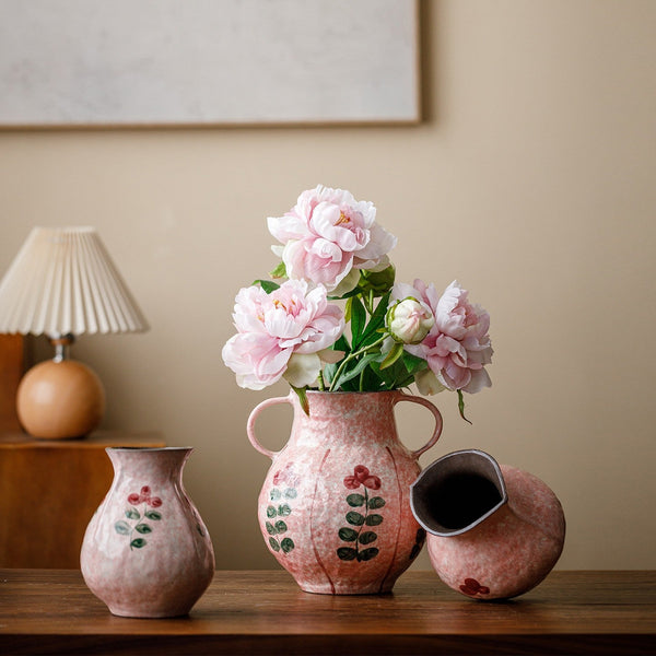Handmade Water Holding Flower Vases, Rustic Pottery Flower Vases, Small Flower Vases on Table, Pink Bud Vases-Silvia Home Craft