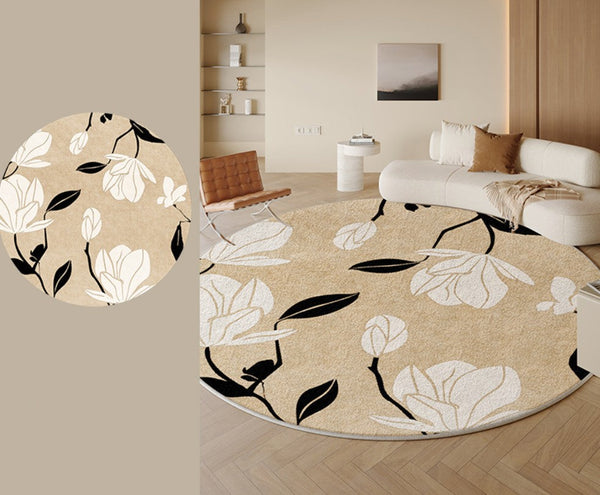 Modern Round Rugs under Coffee Table, Circular Rugs for Dining Table, Abstract Contemporary Rugs for Bedroom, Modern Cream Color Rugs for Living Room-Silvia Home Craft
