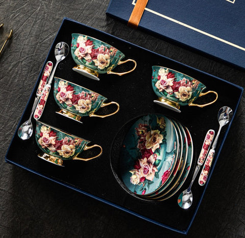 Rose Royal Ceramic Cups, Elegant Flower Ceramic Coffee Cups, Afternoon Bone China Porcelain Tea Cup Set, Unique Tea Cups and Saucers in Gift Box-Silvia Home Craft