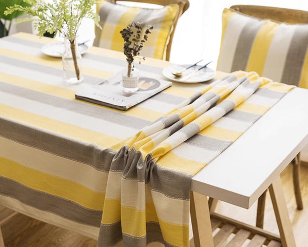 Kitchen Rectangular Table Covers, Yellow Stripe Cotton and Linen Tablecloths, Rectangular Tablecloth for Oval Table, Modern Table Cloths for Dining Room-Silvia Home Craft
