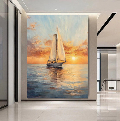 Acrylic Painting on Canvas, Simple Painting Ideas for Dining Room, Modern Acrylic Canvas Painting, Oversized Canvas Painting for Sale, Sail Boat Paintings-Silvia Home Craft