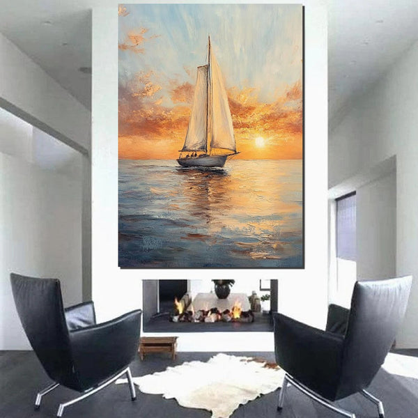 Simple Painting Ideas for Dining Room, Modern Acrylic Canvas Painting, Acrylic Painting on Canvas, Oversized Canvas Painting for Sale, Sail Boat Paintings-Silvia Home Craft