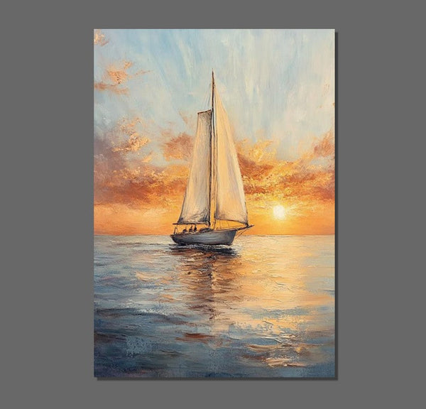 Simple Painting Ideas for Dining Room, Modern Acrylic Canvas Painting, Acrylic Painting on Canvas, Oversized Canvas Painting for Sale, Sail Boat Paintings-Silvia Home Craft