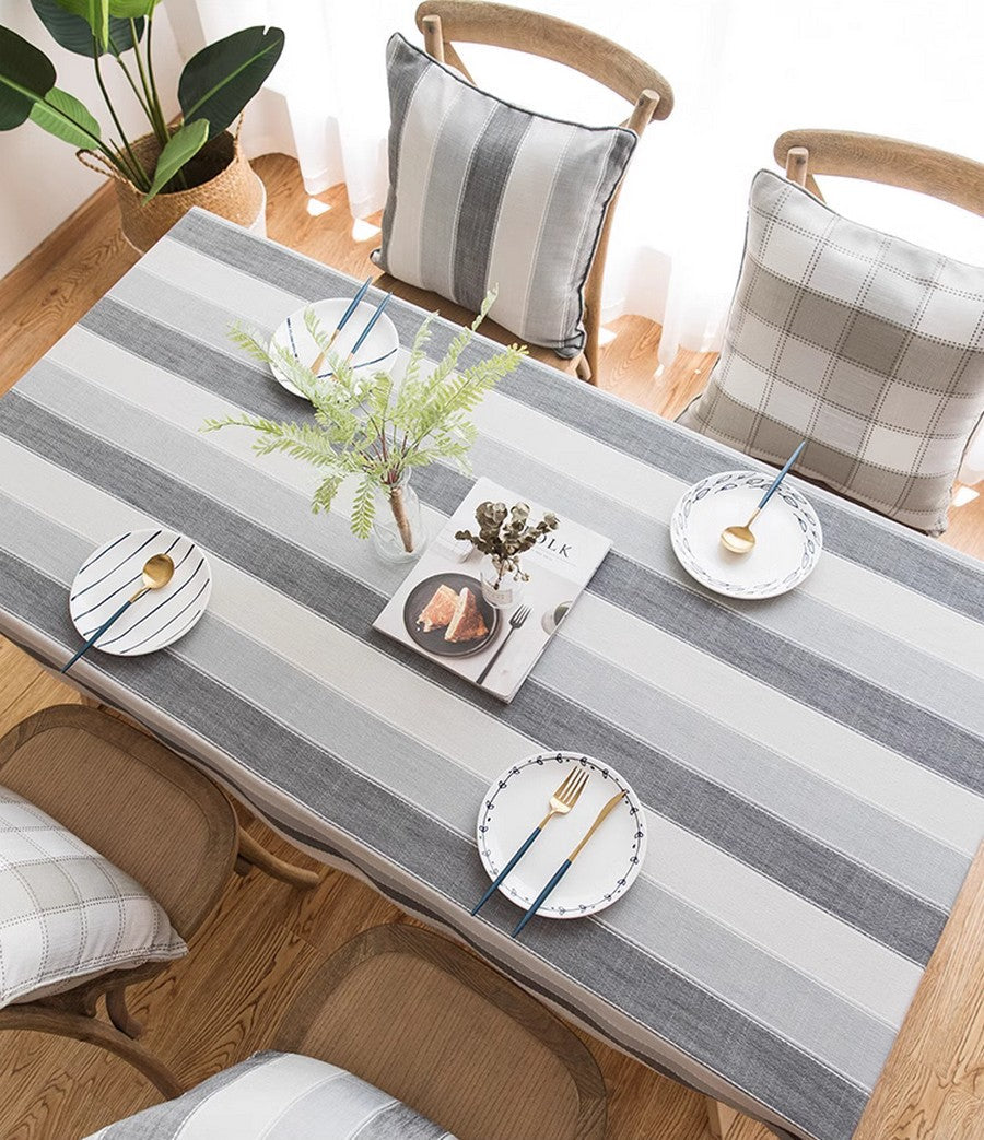 Gray Stripe Rectangular Tablecloth for Oval Table, Rectangular Table Covers for Coffee Table, Modern Table Cloths for Dining Room, Cotton and Linen Tablecloths-Silvia Home Craft