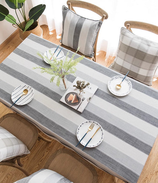 Gray Stripe Rectangular Tablecloth for Oval Table, Rectangular Table Covers for Coffee Table, Modern Table Cloths for Dining Room, Cotton and Linen Tablecloths-Silvia Home Craft